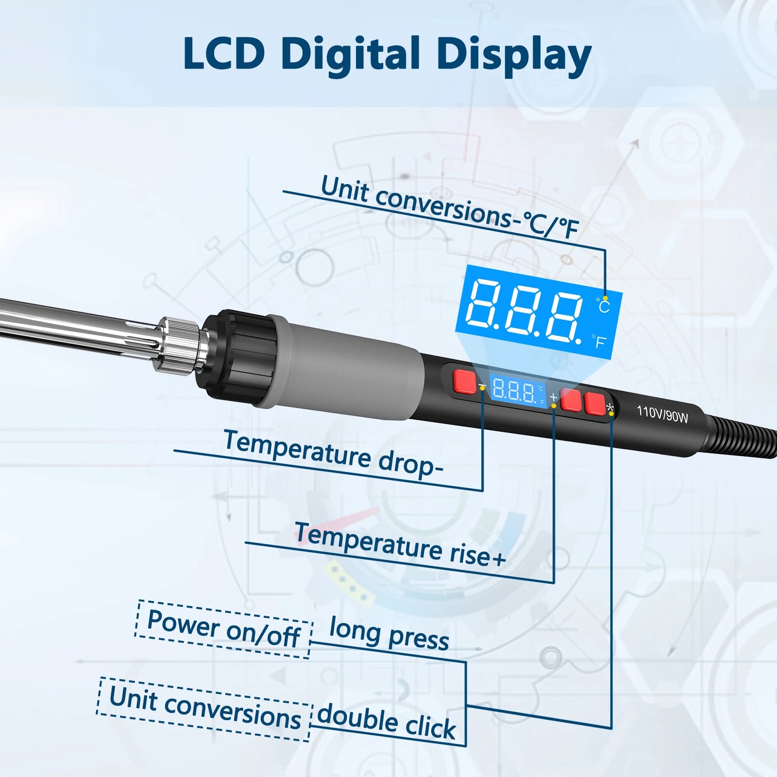 Soldering Iron Kit, 90W Soldering Iron Pen with Adjustable Temperature, LCD Display, ON/OFF Switch, 5 Tips, Solder Wire