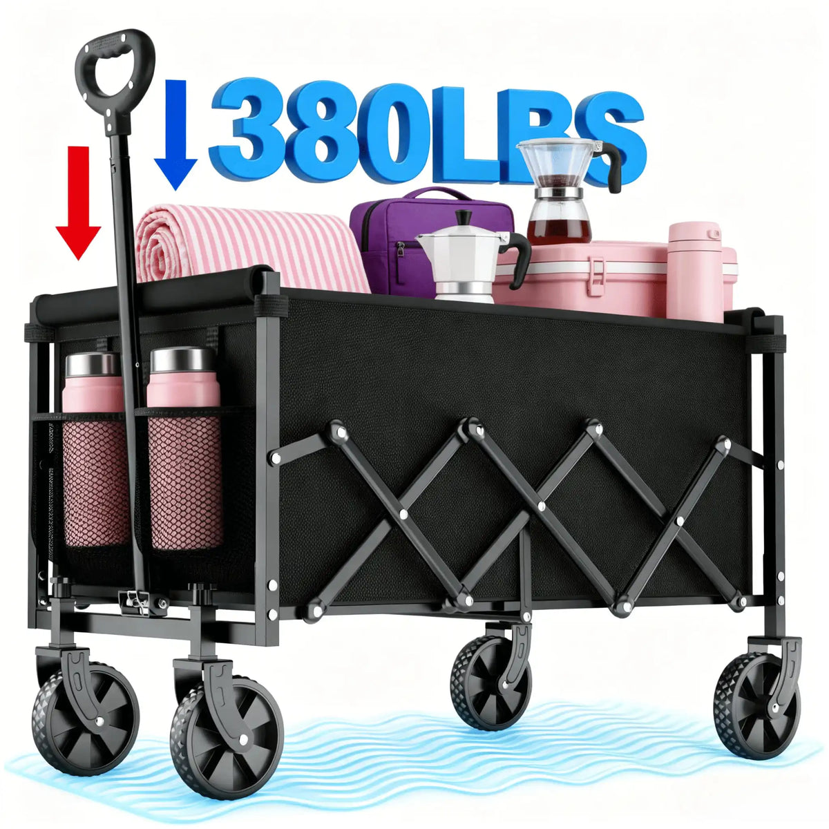 380LBS Capacity Folding Garden Wagon, Heavy Duty Utility Cart with Adjustable Handle, Portable All-Terrain Outdoor Camping Grocery Canvas Cart In Red, Blue or Black.