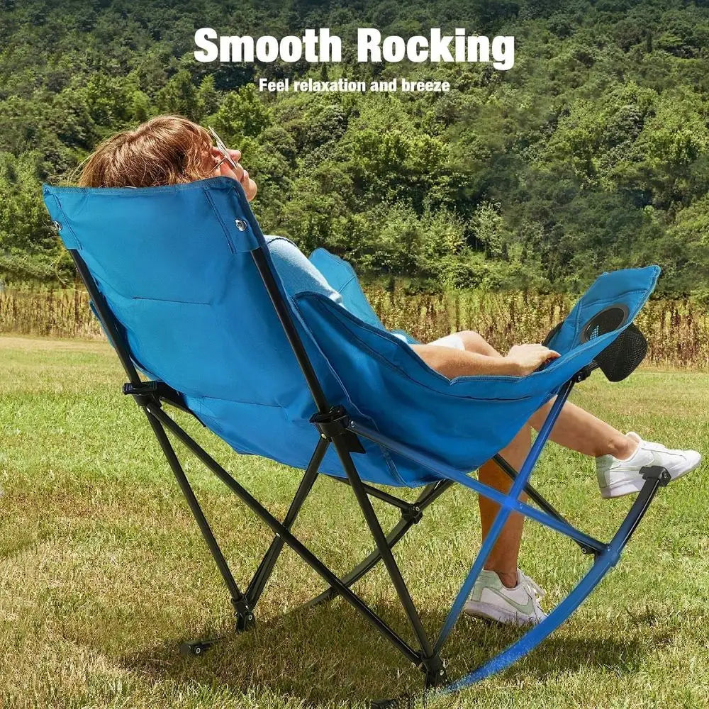 Folding Rocking Camping Chair For Adults Portable Oversized Heavy-Duty Design With Built-in Cup Holder, Cooler Bag Side Pocket