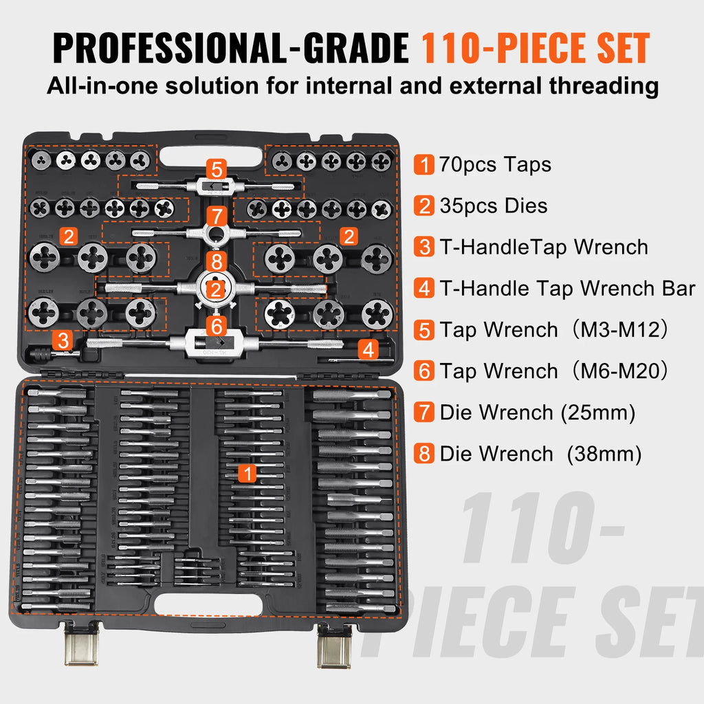 SucceBuy Tap and Die Set 40Pcs, 60Pcs, 110 Metric/SAE Standard Bearing Steel Taps and Dies Essential Threading Tool