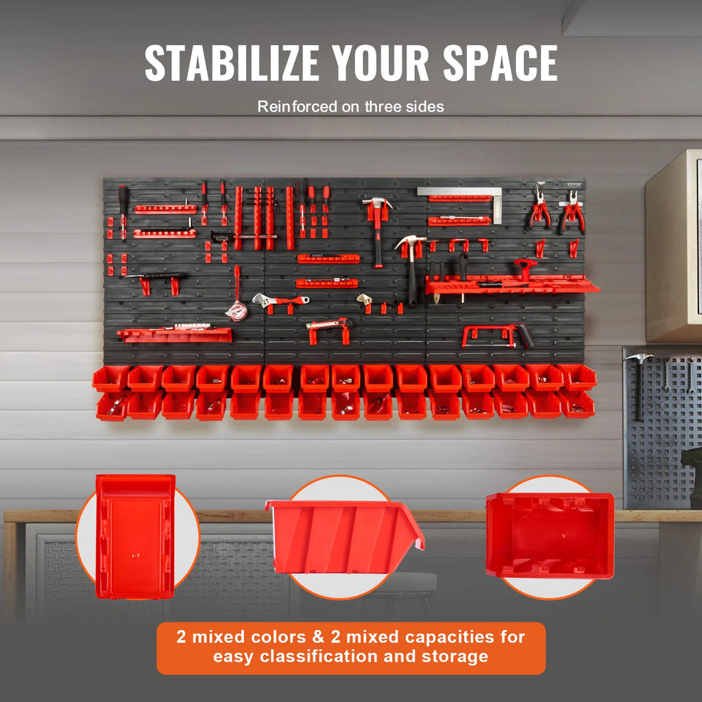 Vevor By: SucceBuy Wall Mounted Storage Bins, 30/48 Bin Parts Rack Organizer, Garage with Wall Panels & Hooks, Plastic Shop Bins for Screws, Nails, Tools