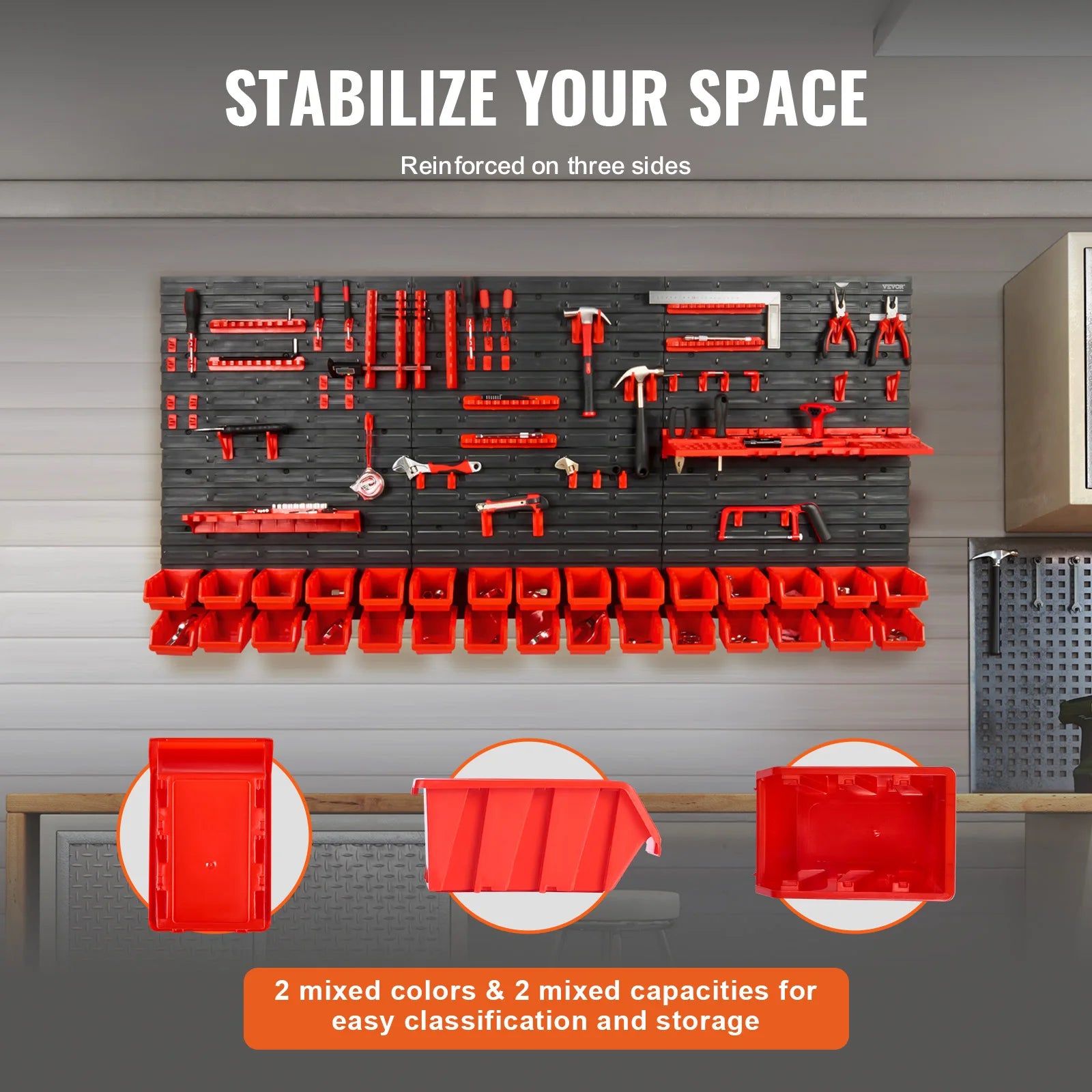 Vevor By: SucceBuy Wall Mounted Storage Bins, 30/48 Bin Parts Rack Organizer, Garage with Wall Panels & Hooks, Plastic Shop Bins for Screws, Nails, Tools