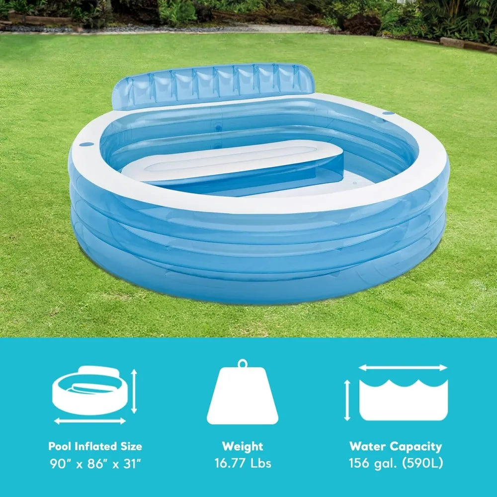 Intex Swim Center Inflatable Family Lounge Pool, 90"x86"x31" Blue, 156 Gallon Capacity Swimming Pool with Built-in Bench Cup Holder, Outdoor