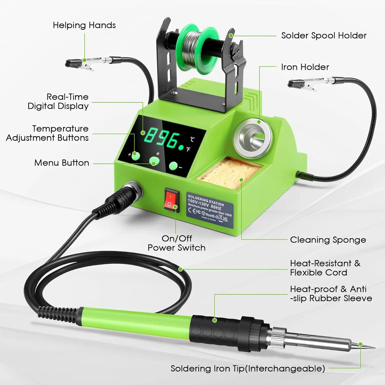 100W Digital Soldering Station Kit with Auto Sleep, Helping Hands, Accessories