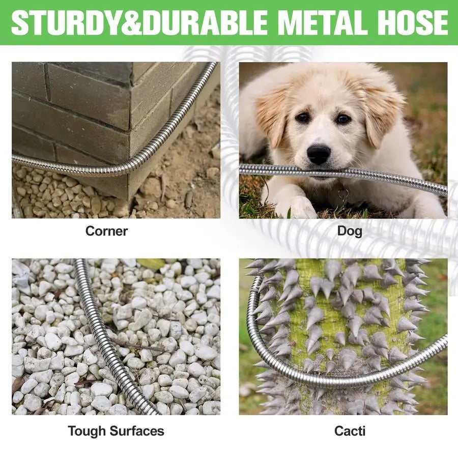 100ft Stainless Steel Water Hose, Brass Fittings, Sprayer Nozzle, No Kink, Rust Proof