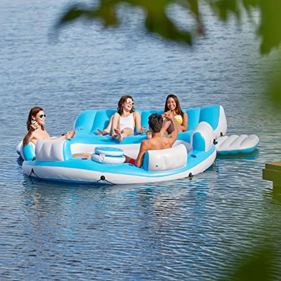 YAO HUI HUANG Splash N Chill inflatable lake and pool relaxation island lounger seat for up to 7 adults PVC material blue and white extra-large W/Built-In Cooler