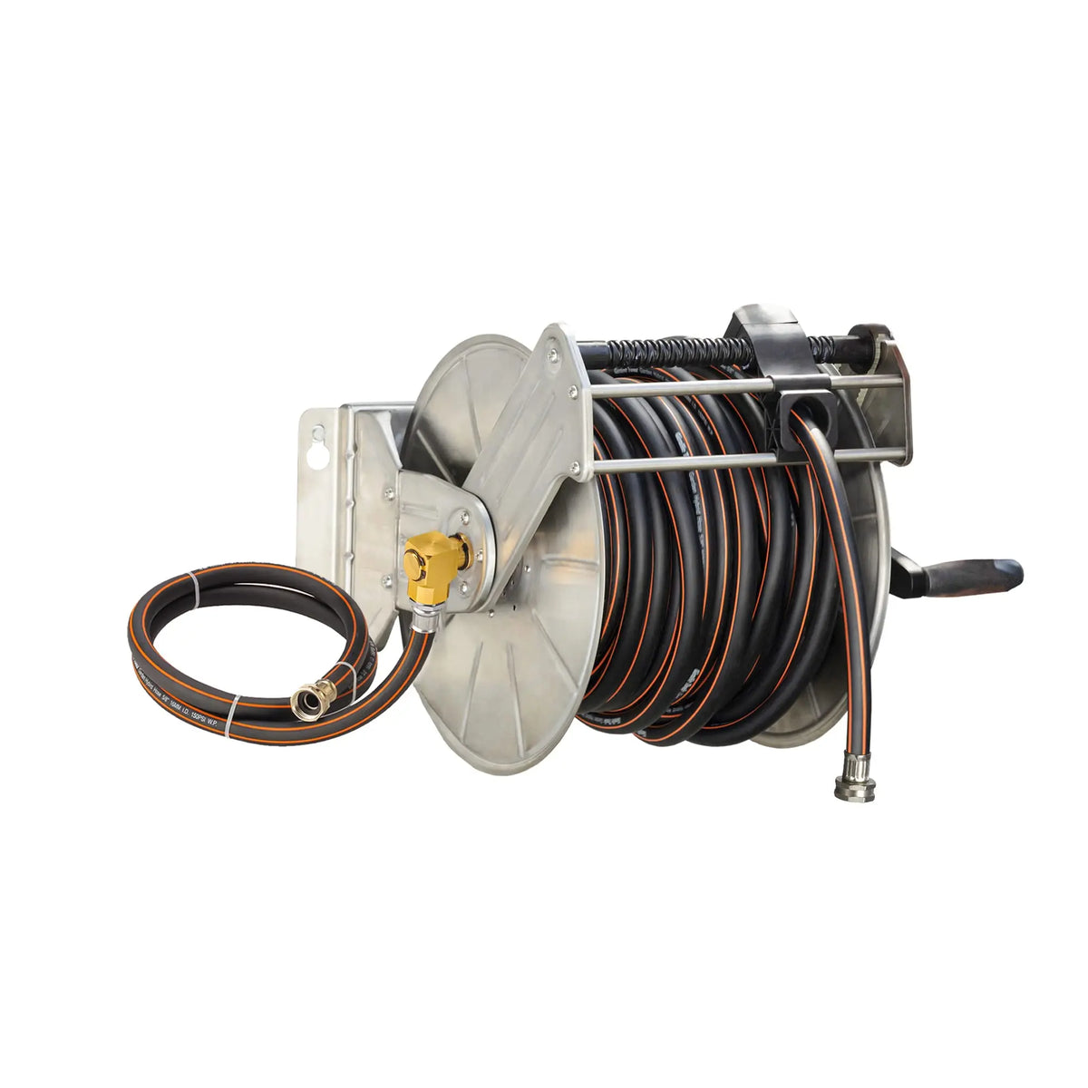 Giraffe Tools Stainless Steel Garden Hose Reel Heavy Duty, Wall/Floor Mounted Stainless Water Hose Reel Retractable with Crank, 150-Feet 5/8" Hose Capacity. With 100FT hose or No Hose.