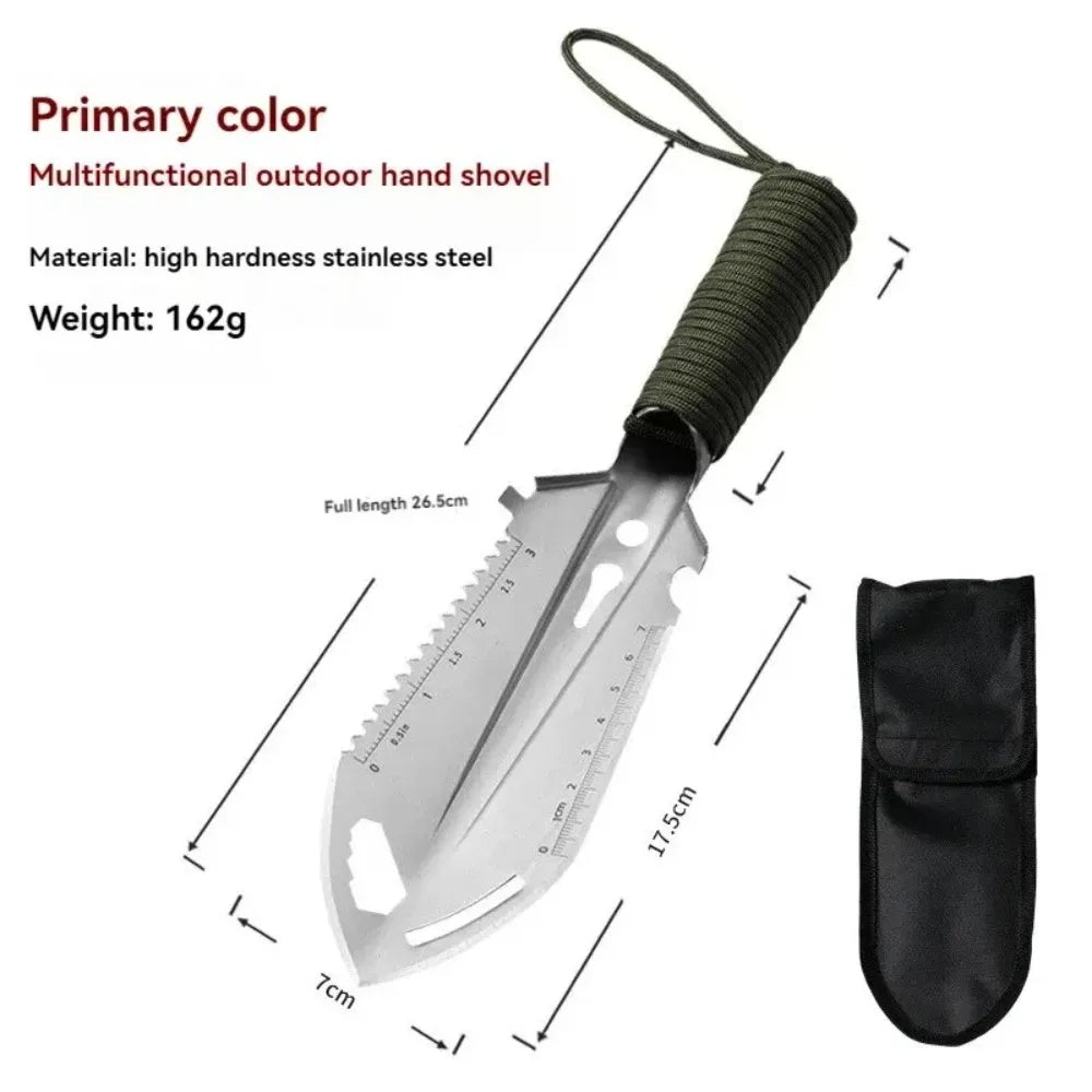 Survival Shovel, Stainless Steel Multi-Tool Camping Spade with Pickaxe & Saw, Portable Tactical EDC Gear for Hiking