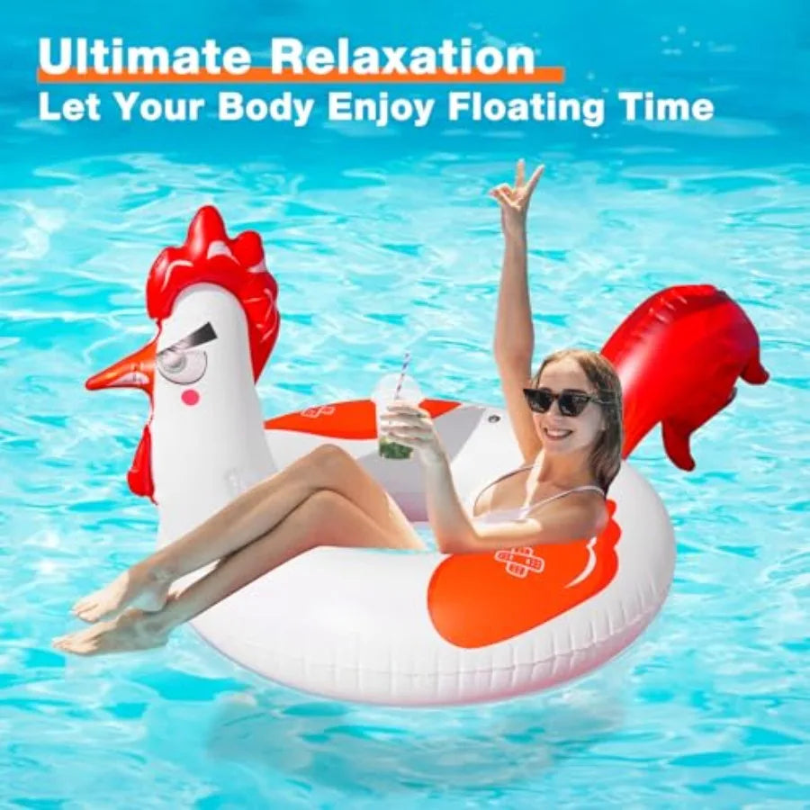 Inflatable Pool Floats with Lights, 63" Chicken Pool Floaties with Solar Powered RGB Color Changing, Large Animal Pool Floats A