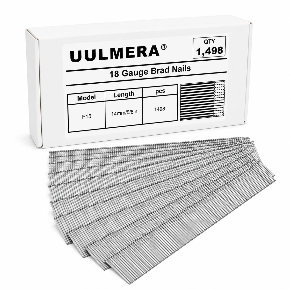 UULMERA 1498PCS 18 Gauge Brad Nails, F15/F20/F25/F30/F38/F50 Galvanized Nail Gun Nails for Pneumatic, Electric Brad Nailer Gun