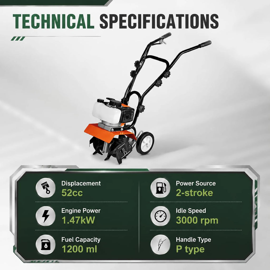 HiMiss 52CC Gas Garden Tiller Cultivator, 4 Tine Soil Rototiller With Adjustable Depth, 11.8in Width, Wheels For Lawn Field Flower Bed