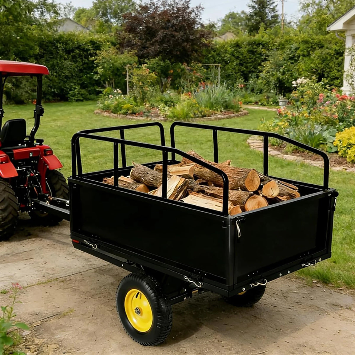 750 lb Steel Dump Cart 17 Cu Ft ATV Utility Trailer, Removable Sides, Pull Behind Lawn Mower Tractor UTV Garden Yard Hauler