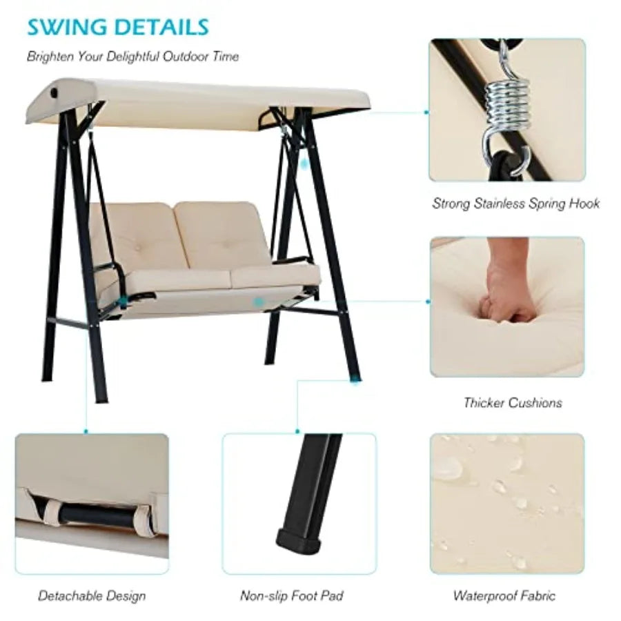 Outdoor Patio Swing Chair for Adults, 2-Seat Porch Swing with Adjustable Canopy, Outside Swing Bench with Removable Cushion,