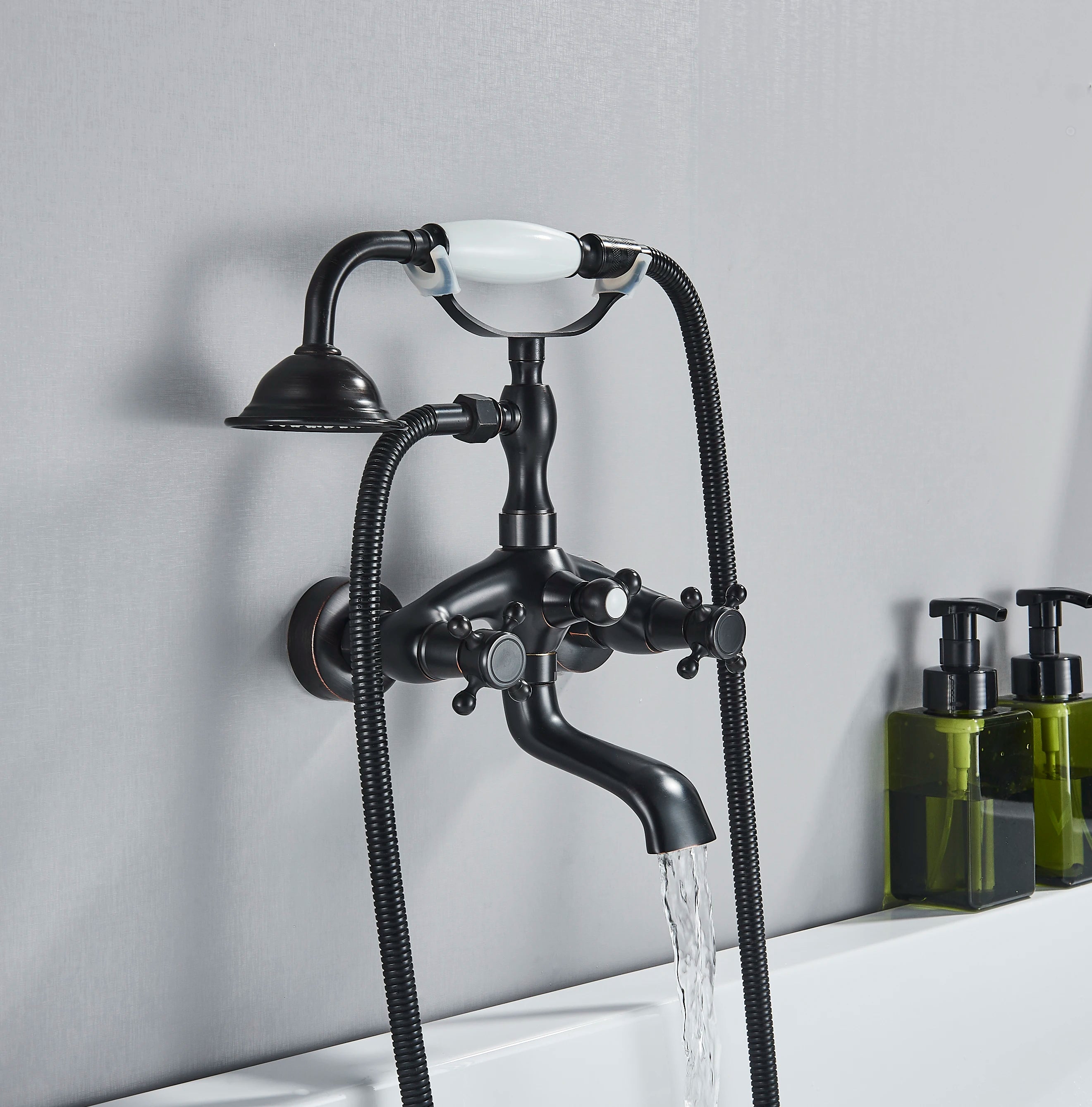 Black Brass Bathtub Faucet, Handheld Shower, Phone Cradle Handheld Holder, Black Brass Or Antique Brass