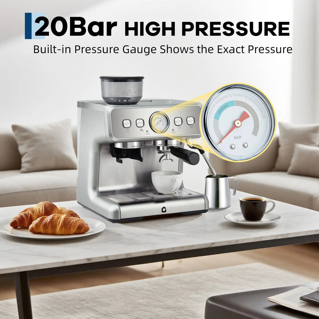 HiMiss Espresso Machine With Grinder 20 Bar Stainless Steel Pressure Maker Featuring Removable 2.8L Water Tank Adjustable Shot Volume Professional For Home Barista And Office