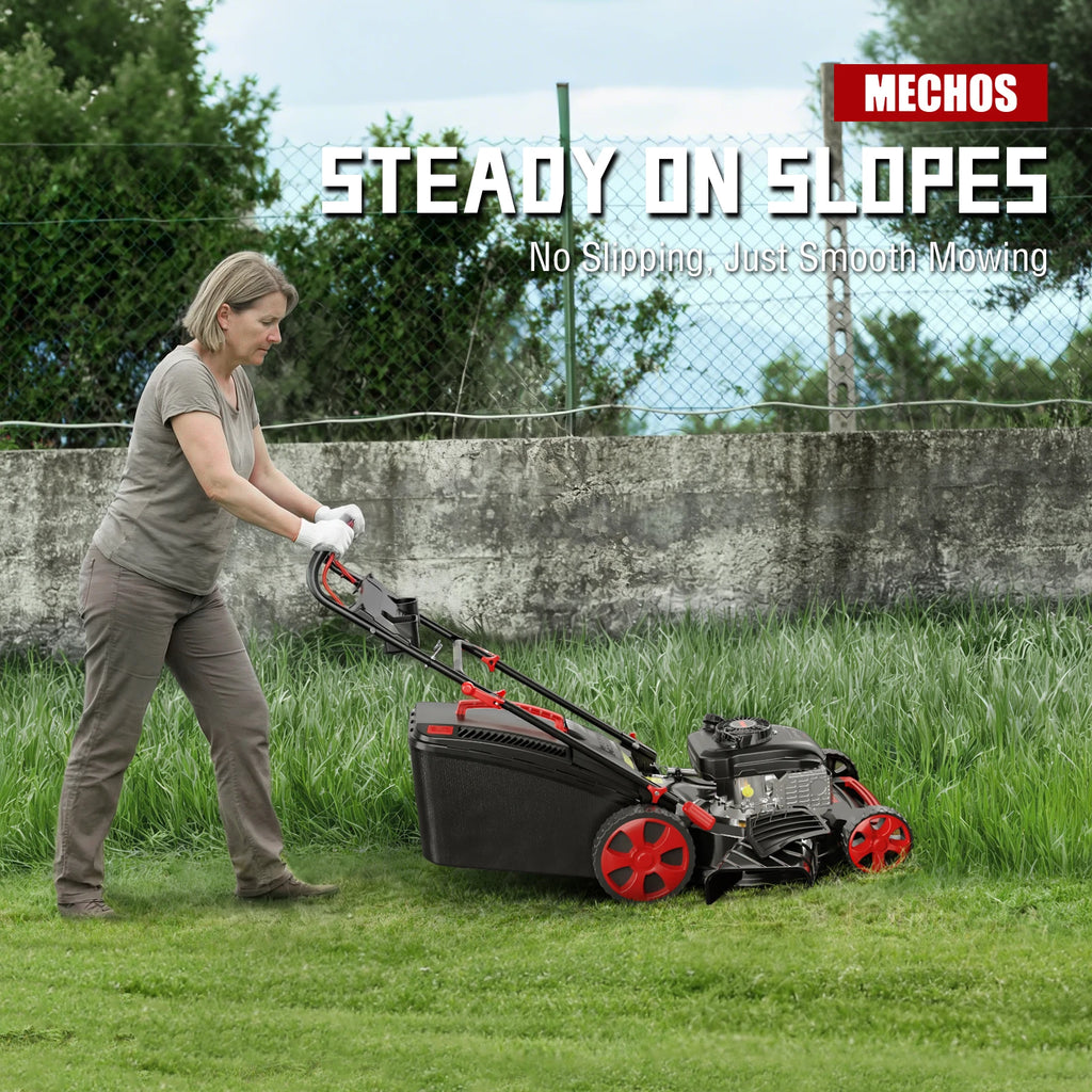 Mechos Gas Powered Push Lawnmower, Self-Propelled Gas Lawnmower, 21-Inch Cutting Deck, 201cc 4-Cycle Engine, 8 Levels Adjustable Cutting Height, 3-in-1 Functions (Bagging, Mulching and Side Discharge)