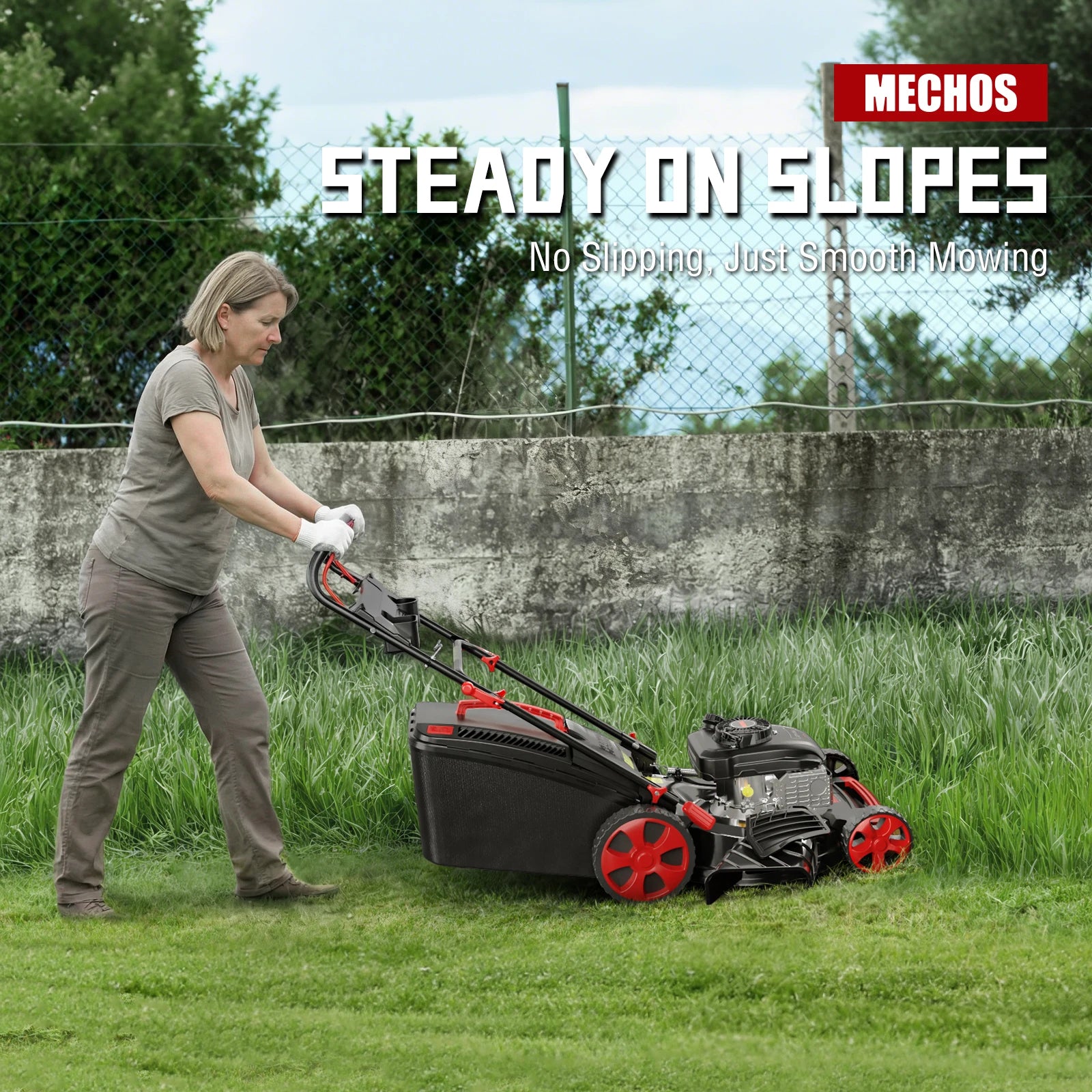Mechos Gas Powered Push Lawnmower, Self-Propelled Gas Lawnmower, 21-Inch Cutting Deck, 201cc 4-Cycle Engine, 8 Levels Adjustable Cutting Height, 3-in-1 Functions (Bagging, Mulching and Side Discharge)