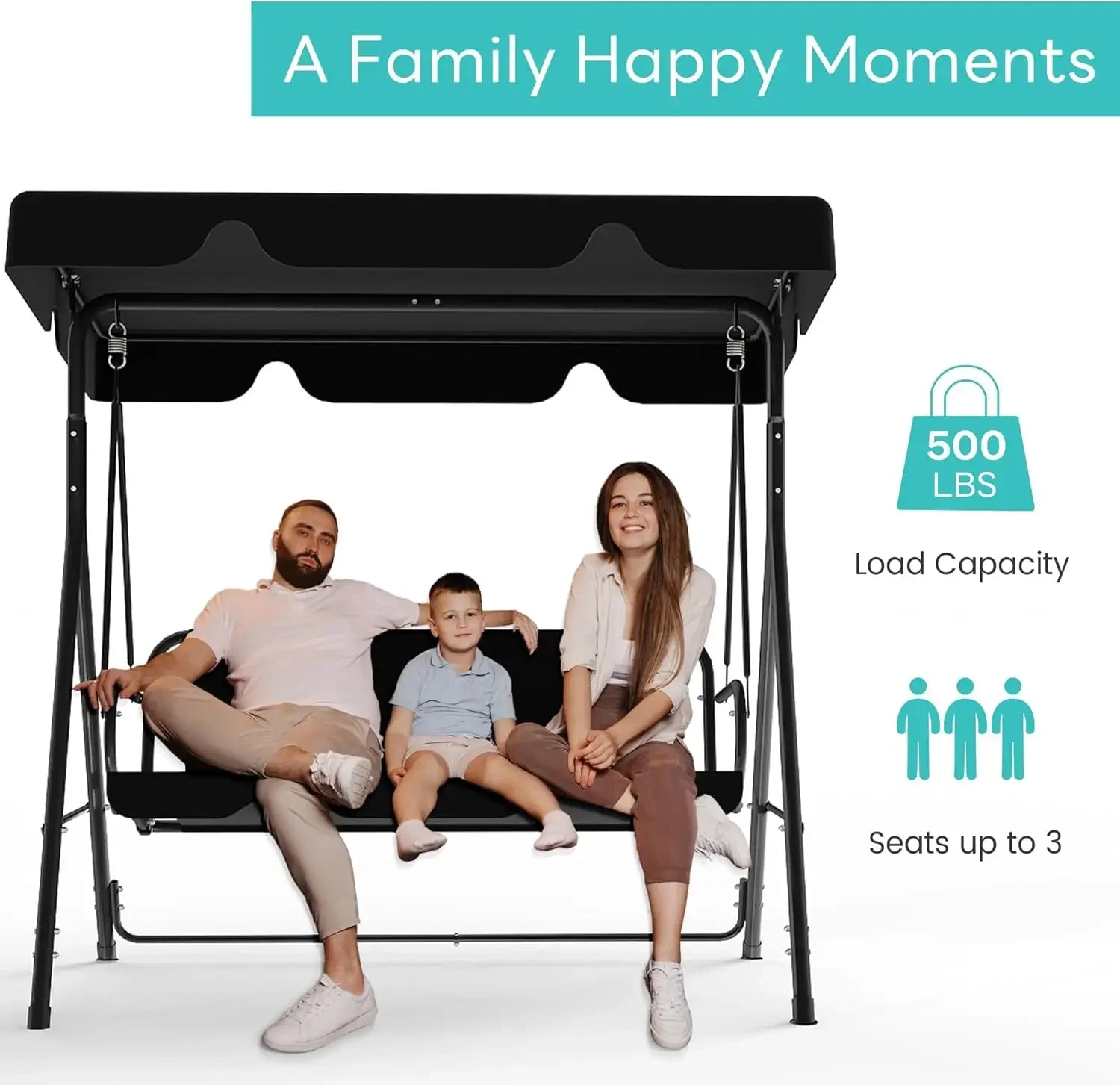 Outdoor Patio Swing W/Adjustable Canopy Heavy Duty Stand Three Persons Deck Lawn Backyard Porch Black