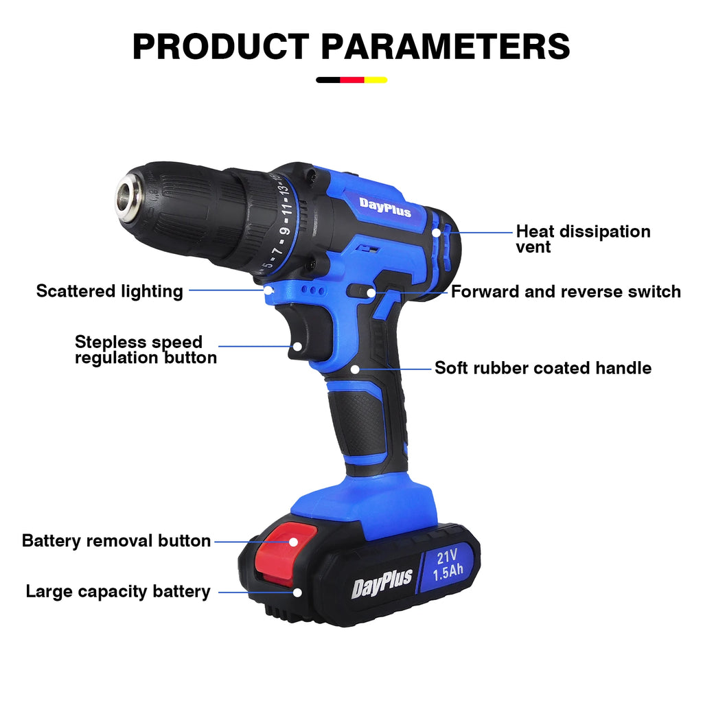 21V Cordless Power Drill, Bits Included, 25+1 Torque Setting, 1.5mAh Li-ion Battery & Fast Charger, 2-Gear Drill