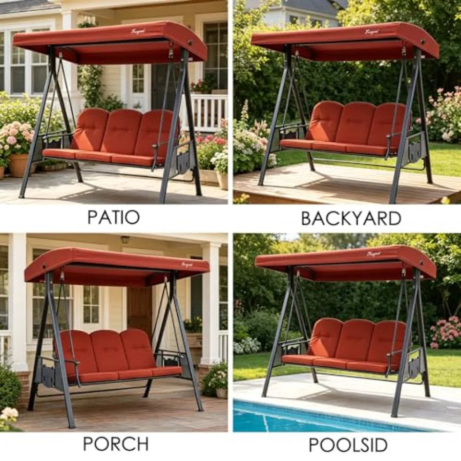 Herbert Deluxe 3-Seat Patio Porch Swing Chair with Stand, Adjustable Canopy, Outdoor Freestanding Swing Chair for Backyard, Pool