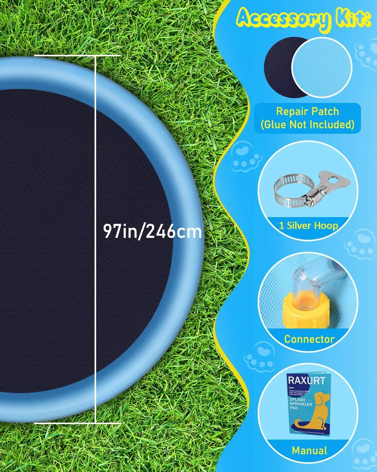 Kiddie Sprinkler Pool PVC Material 97in Non-Slip Heavy Duty Outdoor Backyard Use Summer Blue