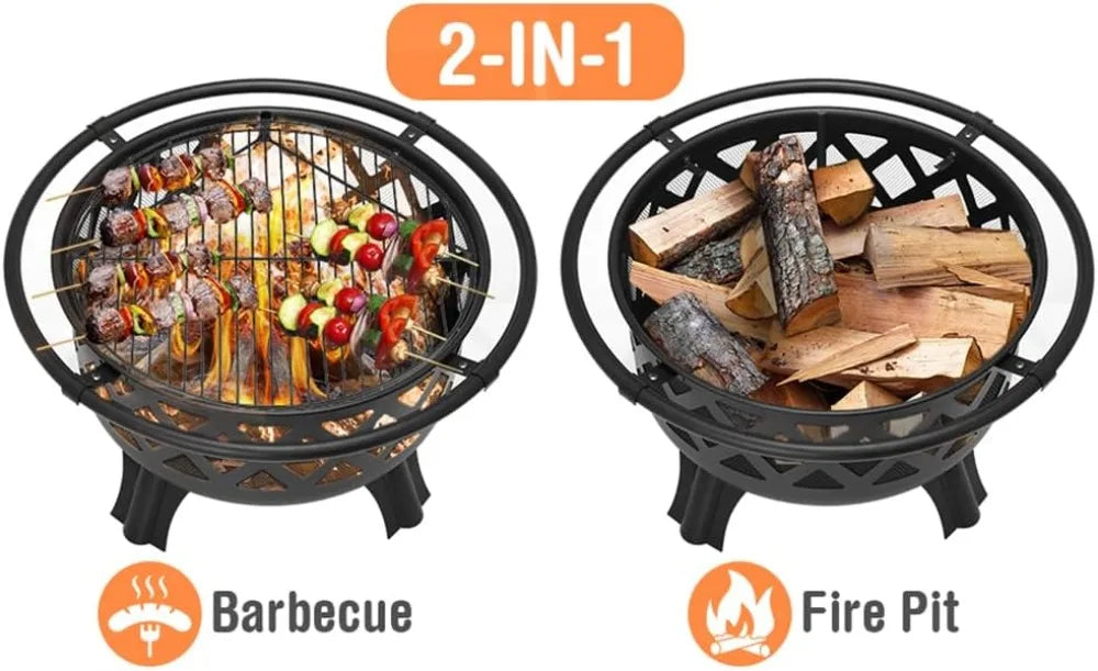 30 Inch Fire Pit with Swivel, BBQ Grill, Wood Burning Steel Firepit, for Patio Garden Camping