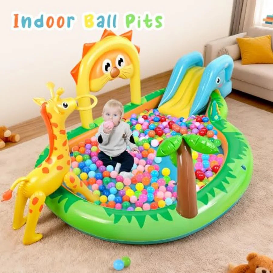 Sulifeel Zoo-Themed Inflatable Play Center Kiddie Pool with Slide and Sprinkler for Backyard and Garden Use PVC Material Blue, Green, Yellow