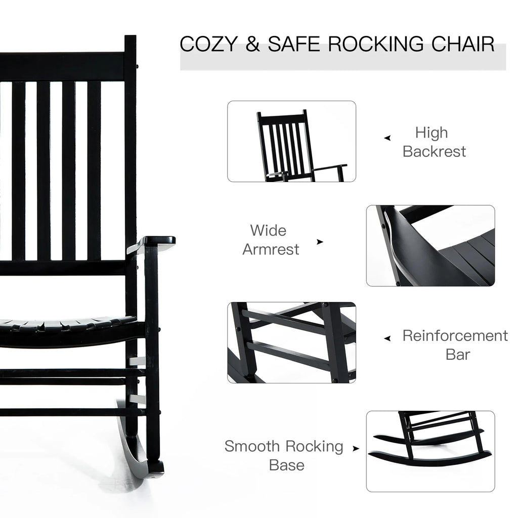 Outsunny Outdoor Rocking Chair, Wooden Rustic High Back All-Weather Rocker, Slatted for Indoor, Backyard & Patio, Black