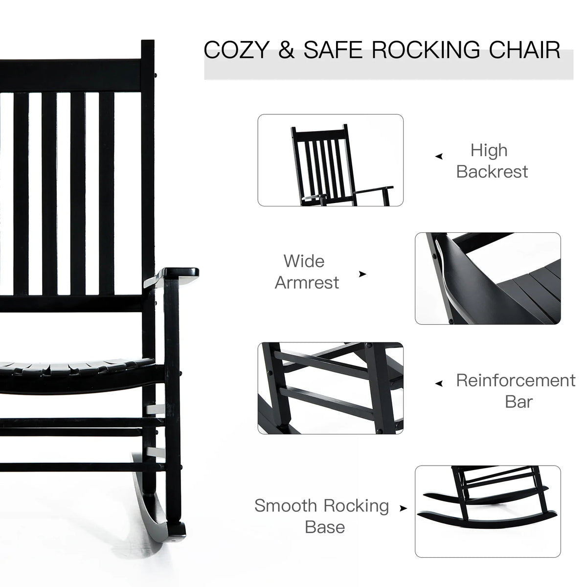 Outsunny Outdoor Rocking Chair, Wooden Rustic High Back All-Weather Rocker, Slatted for Indoor, Backyard & Patio, Black