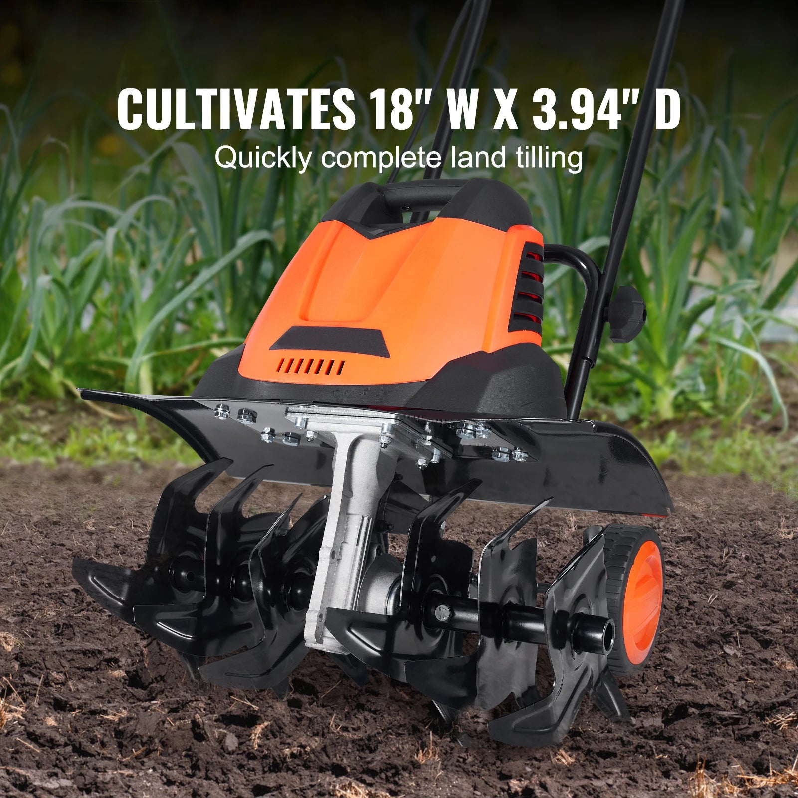 12 Amp Tiller, 18" Tilling Width, 3.94" Tilling Depth, Corded Electric, Steel Tines