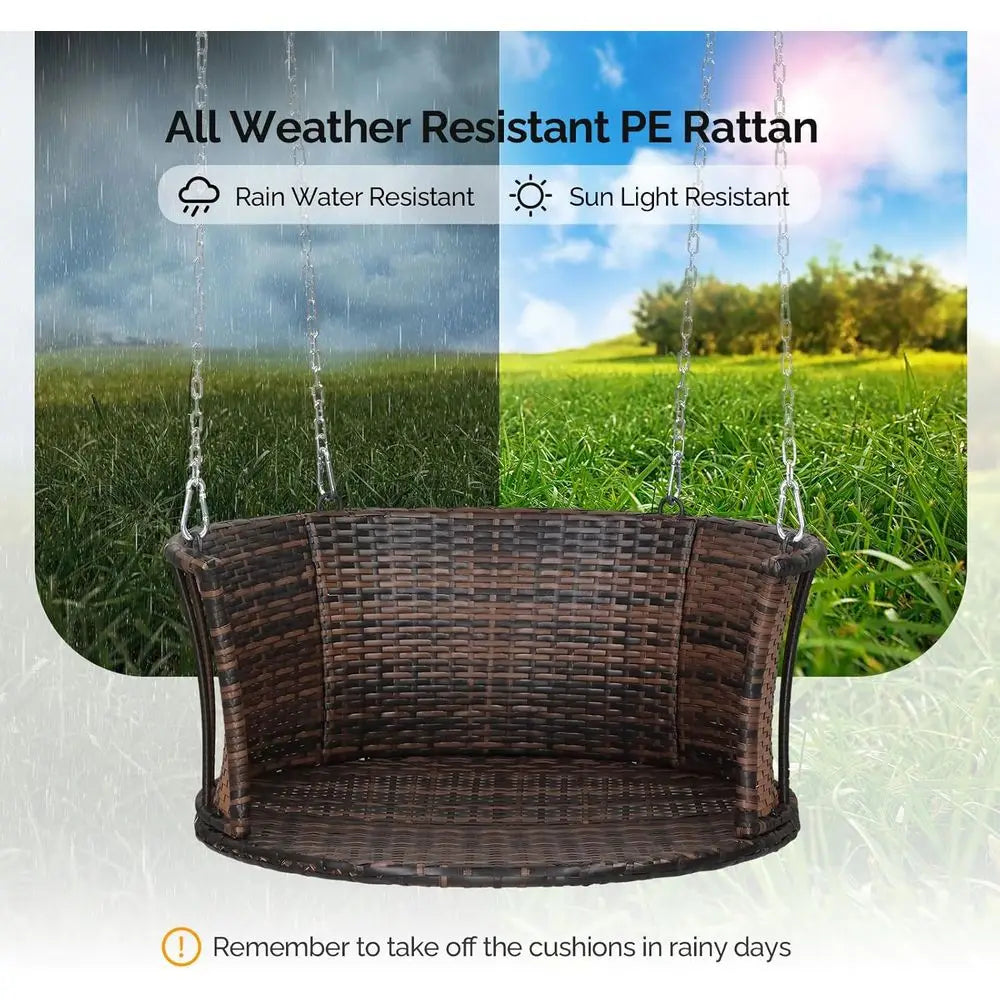 2.4 T 1-Person Use Round Rattan Porch Swing Outdoor Support 440 LBS with Cushions & Adjustable Chains, Patio Wicker Swing