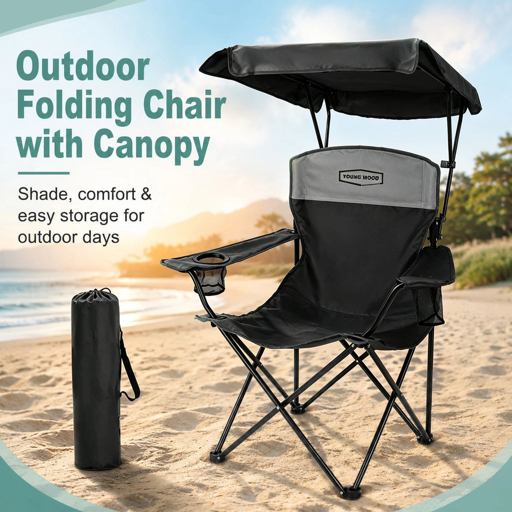 Black Portable Beach Chair with Cup Holder & Side Pocket, Duty Lawn Chair with Carry Bag for Camping, Beach, Fishing, Patio, Hiking, YOUNG WOOD Outdoor Folding Camping Chair with Adjustable Canopy