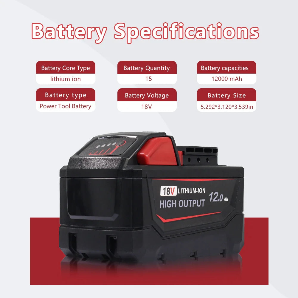 12Ah Replacement Battery Compatible with Milwaukee M18 18V, Lithium Ion Rechargeable Battery, High Capacity Battery Pack