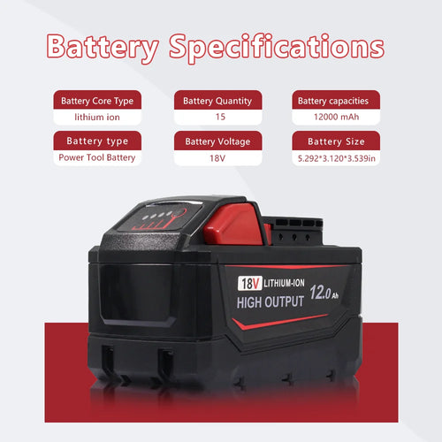12Ah Replacement Battery Compatible with Milwaukee M18 18V, Lithium Ion Rechargeable Battery, High Capacity Battery Pack