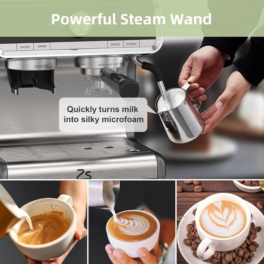 HiMiss Espresso Machine 20 Bar, Semi-Automatic Espresso Maker with Grinder, Stainless Steel, Latte & Cappuccino Espresso Coffee Machine with/Automatic Milk Frother & 95 oz Water Tank for Office