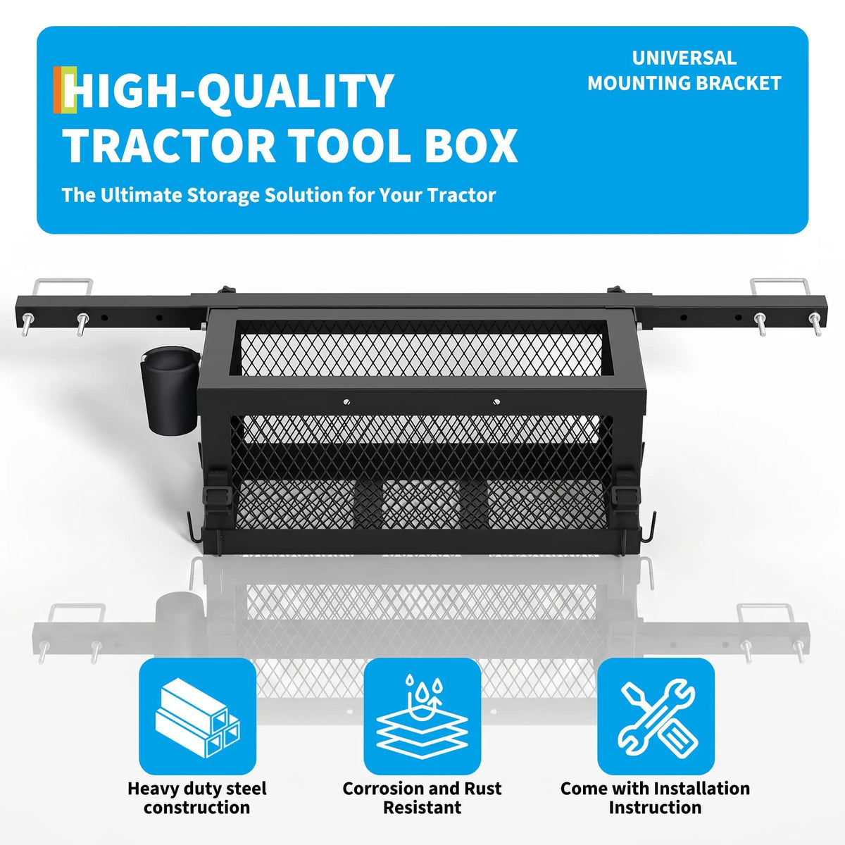Studyset Heavy Duty Universal Tractor Tool Box Attachment, 23.5 X 10 X 10 Multi-Function Tool Basket, Storage Holder Compatible With Kubota Tractors, Zero Turn Mower