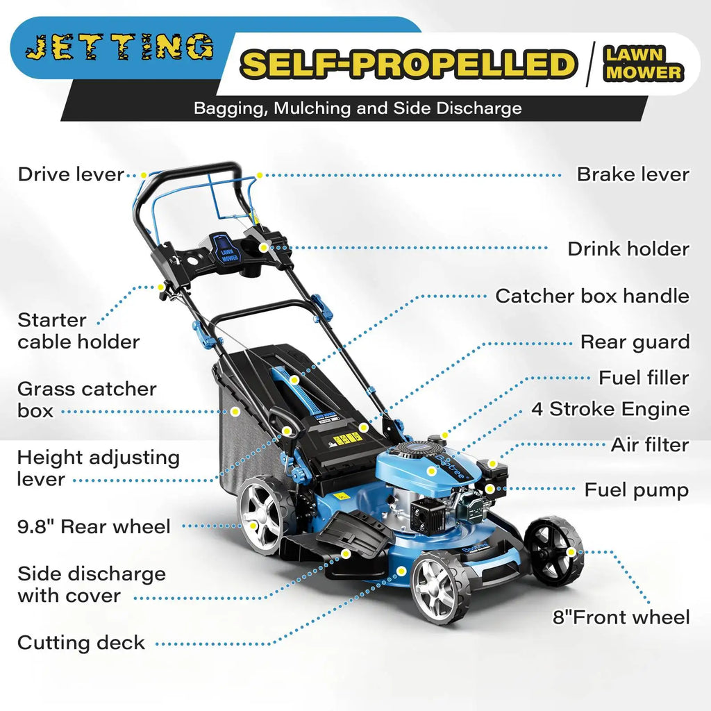201cc 4-Stroke 2800RPM Self-Propelled Gas Lawn Mower, 21" Cutting Deck Gas Powered Hand Push Lawn mower, 7 Levels Adjustable Cutting Height, 3-in-1 Functions (Bagging, Mulching and Side Discharge) for Medium Large Yard