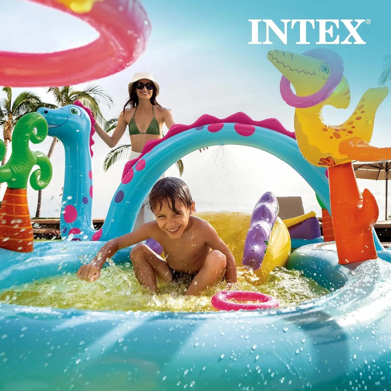 Kiddie Inflatable Outdoor Swimming Pool Dinoland Play Center 11 Foot 7.5 Foot 44 Inch