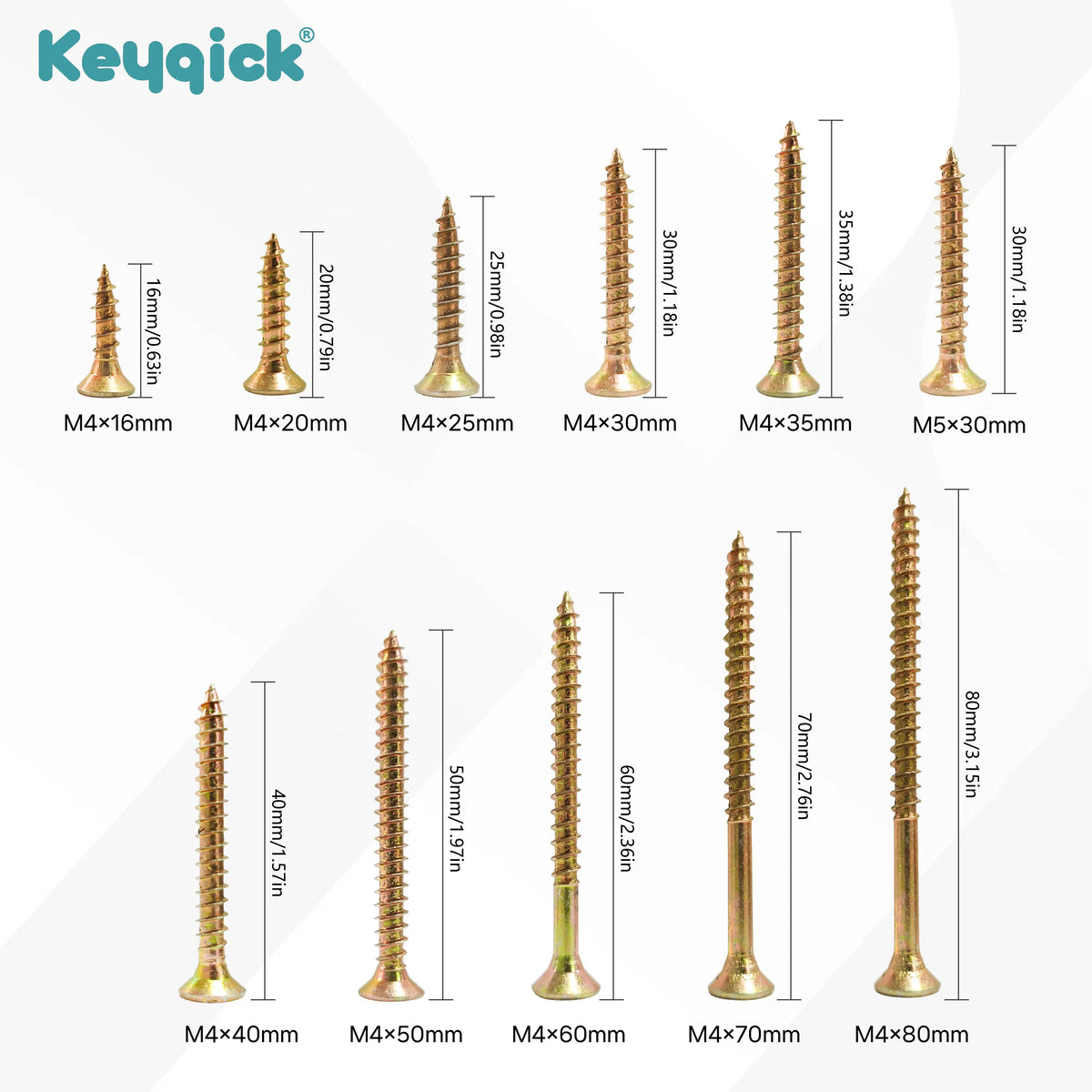 Keyqick 100PCS/200PCS Self-Tapping Wood Screws, M4/M5 Full Thread Countersunk Screws, 16-80mm Zinc-Coated Self-Tapping Tip & Cross Head Screws for Woodworking, Furniture, - No Pre-Drilling Required Suitable for Industrial & W