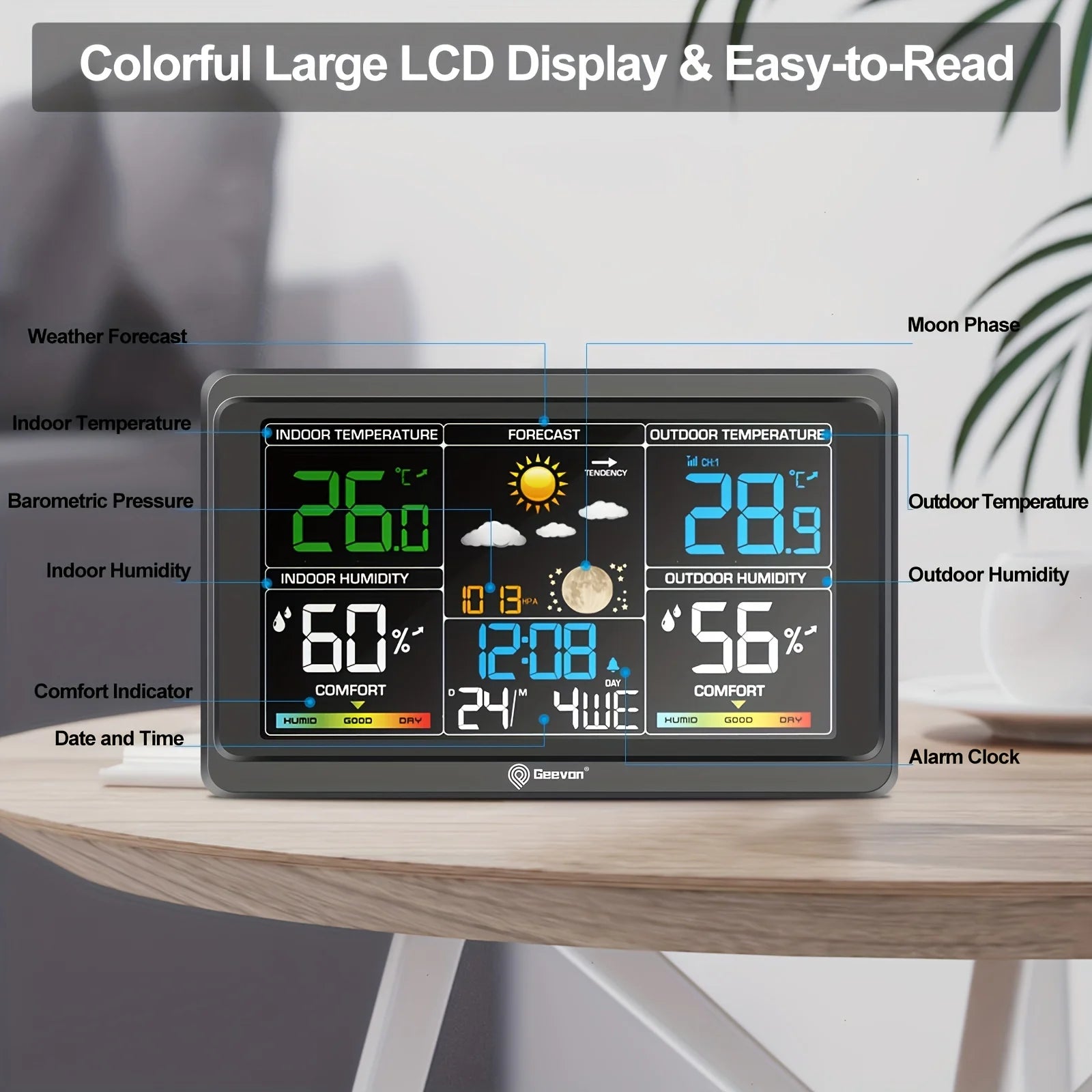 Geevon Weather Station Wireless Indoor Outdoor Thermometer, Color Display Weather Thermometer, Digital Temperature Gauge