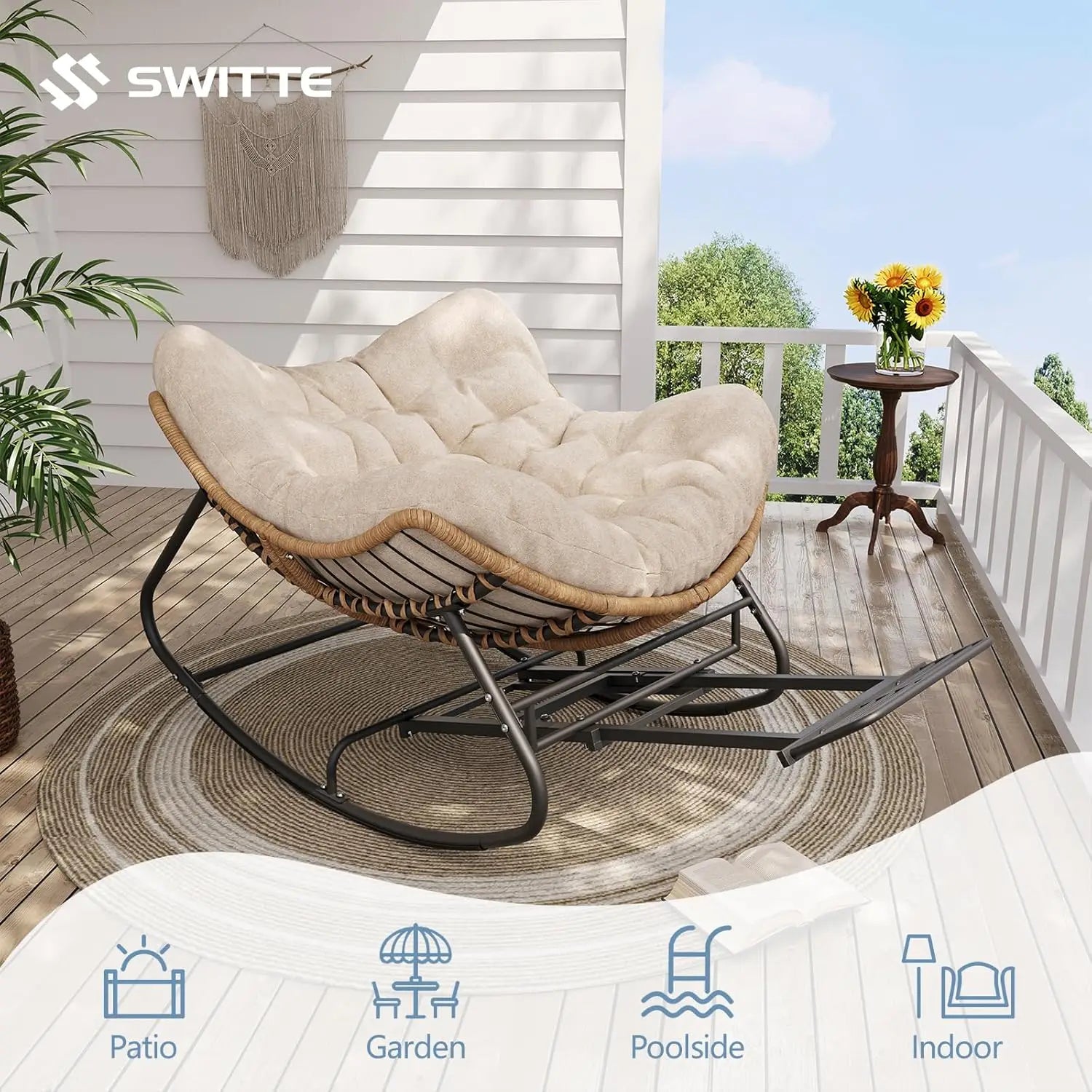 Oversized Rattan Rocking Chair with Footrest Cushioned Lounge for Patio Garden Bedroom Balcony 550Lbs Capacity, Customized