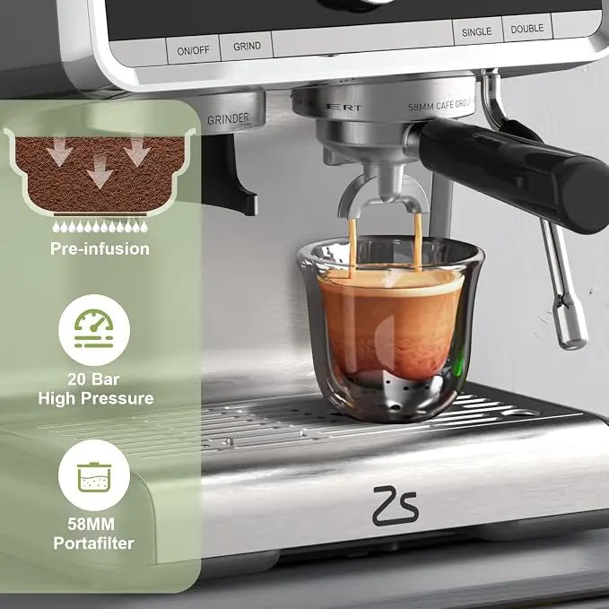 HiMiss Espresso Machine 20 Bar, Semi-Automatic Espresso Maker with Grinder, Stainless Steel, Latte & Cappuccino Espresso Coffee Machine with/Automatic Milk Frother & 95 oz Water Tank for Office
