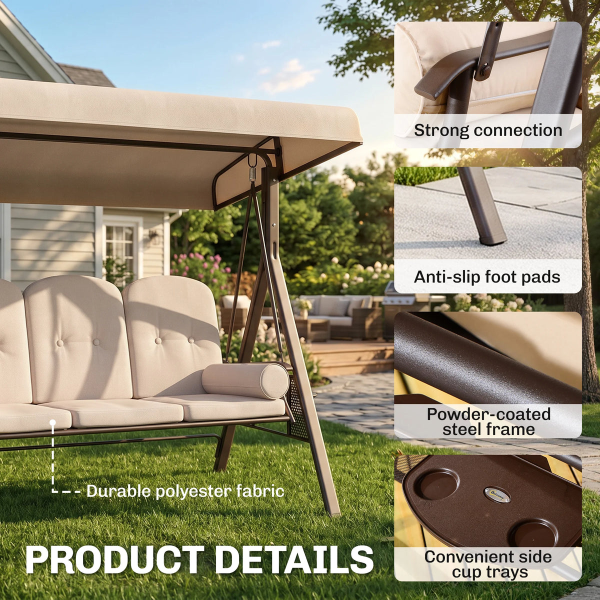 3-Person Outdoor Canopy Patio Cushioned Bench Porch Swing Seat, Beige