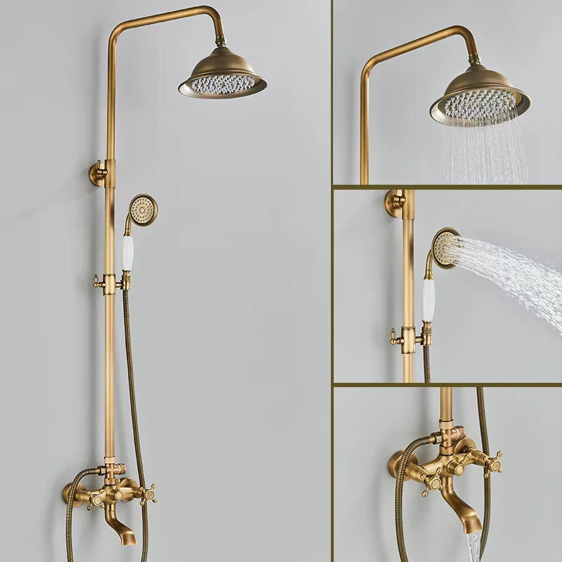 Antique Brass Shower Faucet Set, Rainfall Head Shower, Handheld Shower