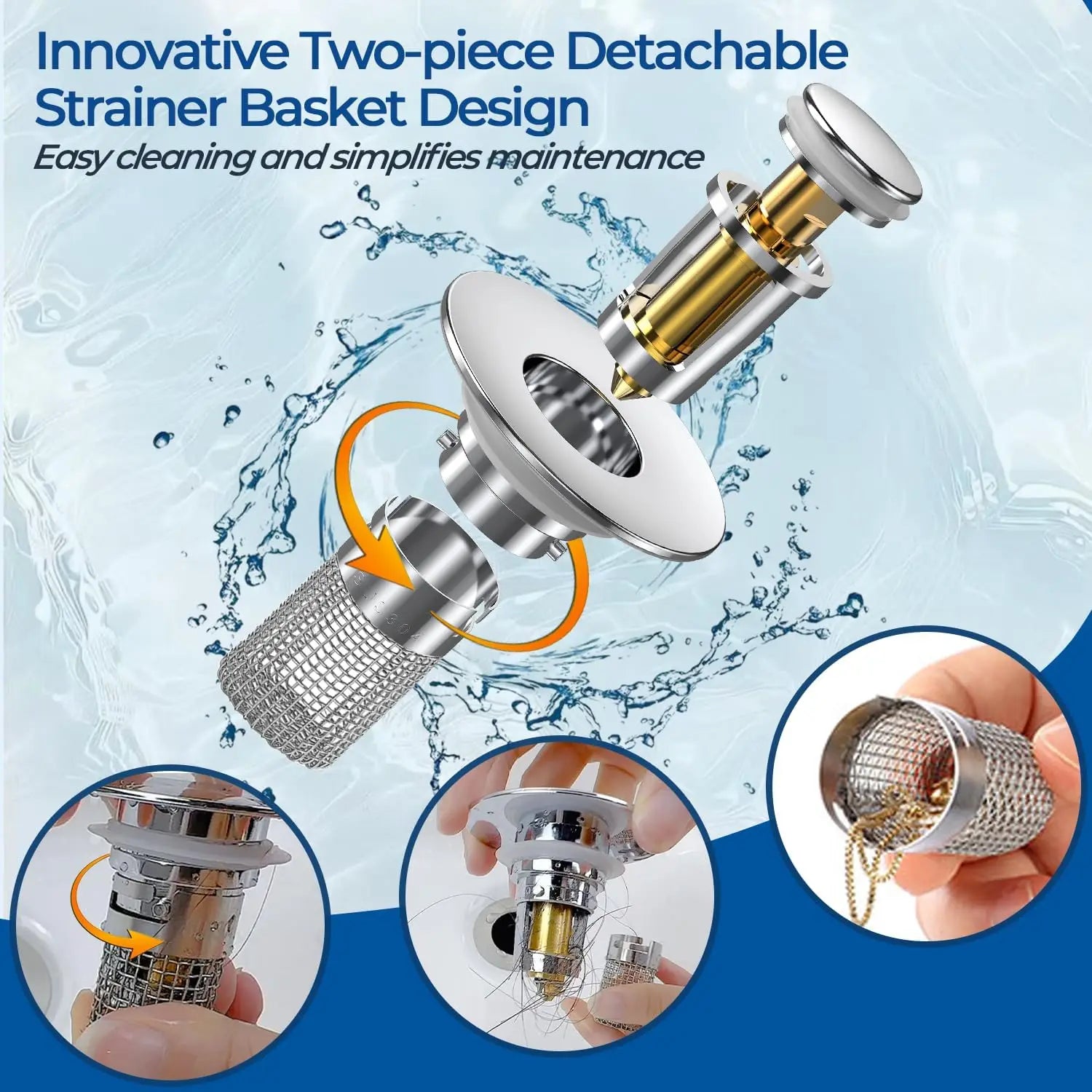 Bathroom Sink Drain Strainer - Pop-Up Filter with Removable Stainless Steel Hair Catcher & Drain Stopper for US Sink Replacement