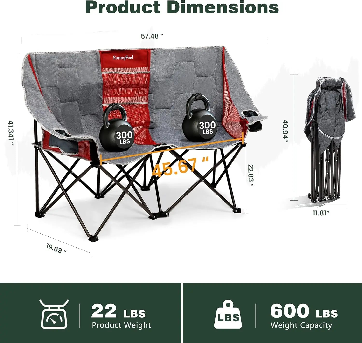 Folding Double Camping Chair, Heavy Duty Loveseat for 2, Portable Outdoor Lawn Chair with Cup Holders, 300 lbs Capacity