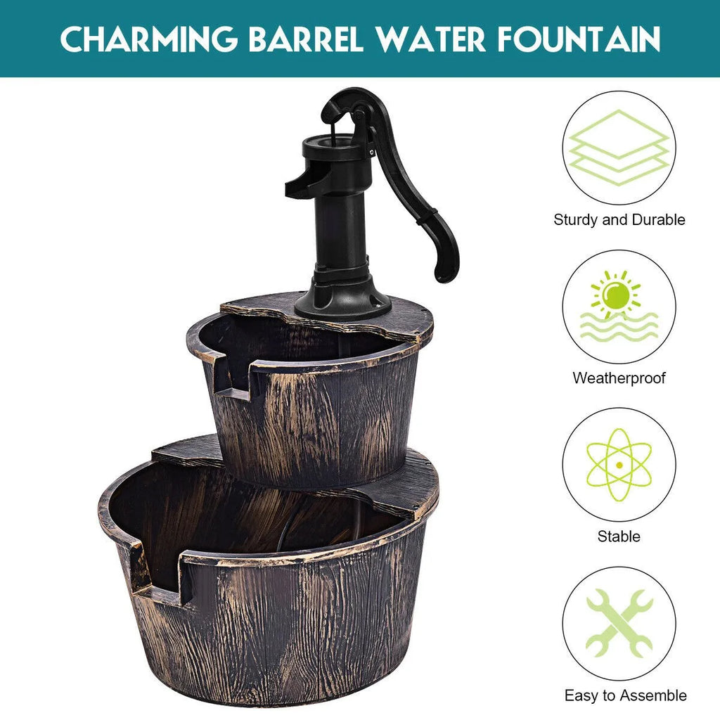 2 Tier Barrel Waterfall Fountain, Barrel Water Fountain Pump, Outdoor Garden Decor
