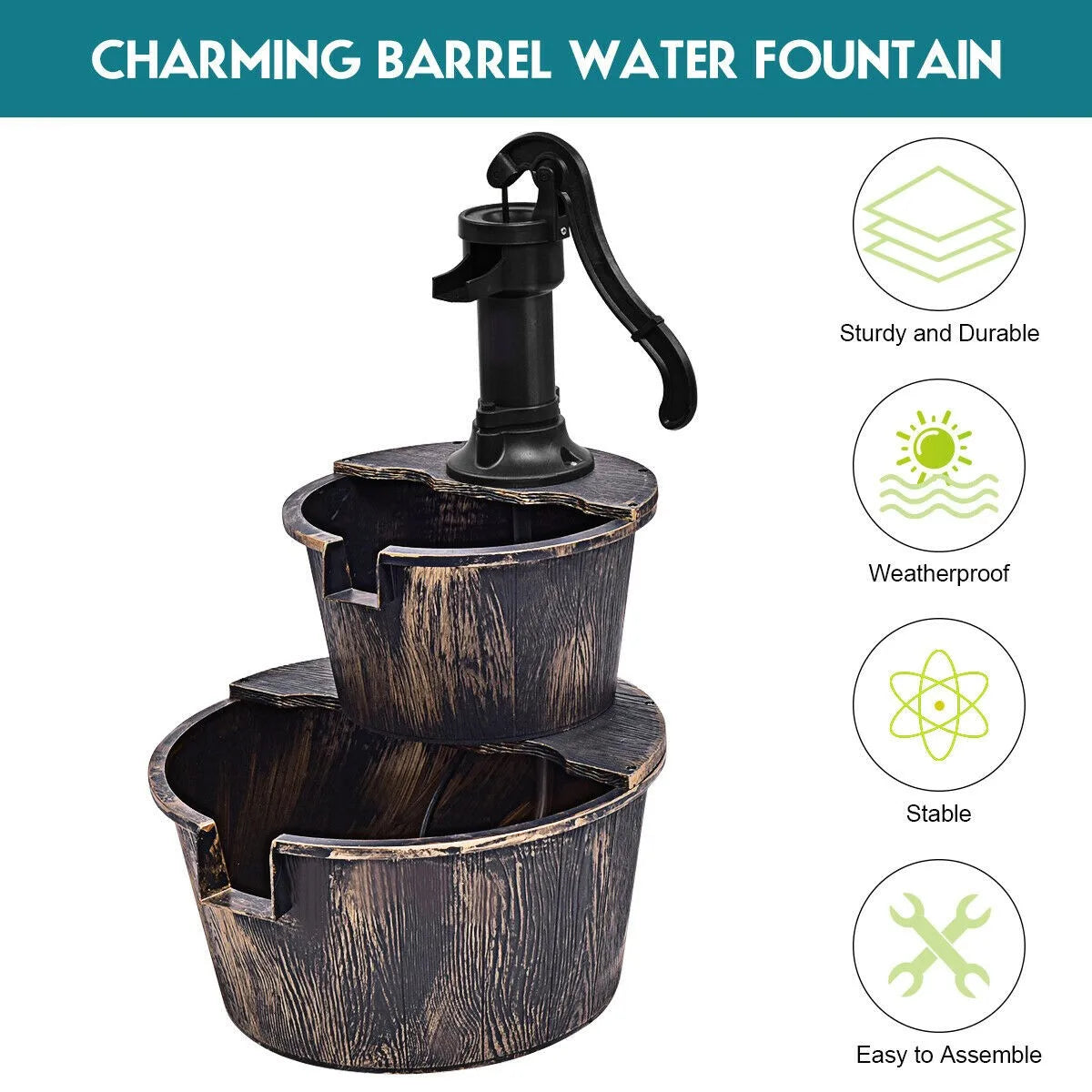 2 Tier Barrel Waterfall Fountain, Barrel Water Fountain Pump, Outdoor Garden Decor