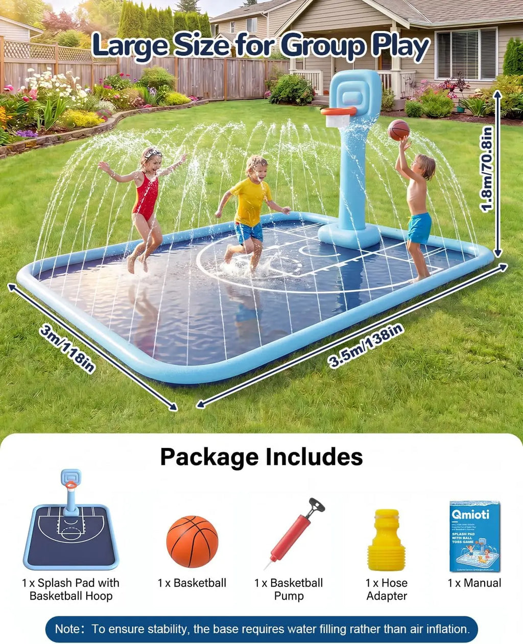 Qmioti Kiddie Sprinkler Pool PVC Material Large Size Non-Slip With Basketball Hoop Summer Blue