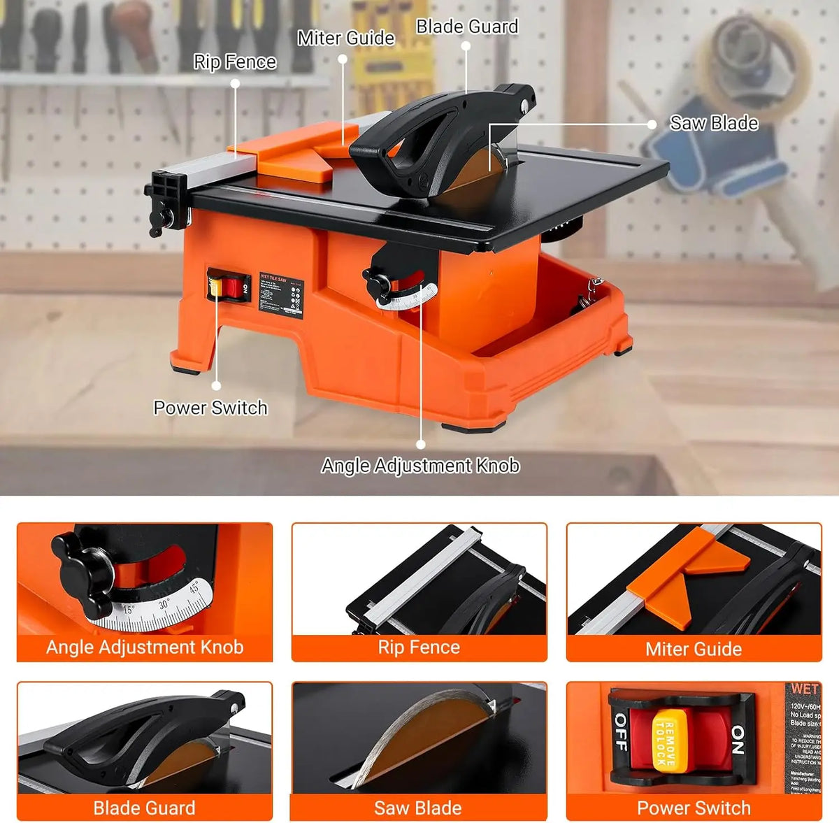 TACKVIEW Wet Tile Saw, 6500 RPM Copper Motor Tile Cutter, 0-45° Bevel Cutting, Built-In Water Tray with Rip Fence, Miter Gauge for Ceramic Stone Tile